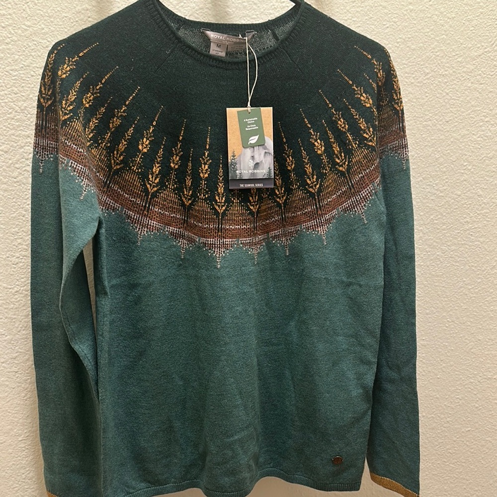 Royal Robbins Green and Gold Crewneck Sweater with Decorative Pattern